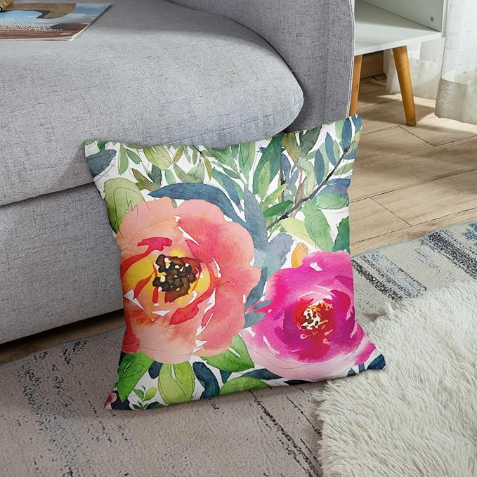 Emvency Throw Pillow Cover Colorful Bohemian Peach Floral Boho Watercolor Pink Painterly Decorative Pillow Case Home Decor Square 18 x 18 Inch Pillowcase