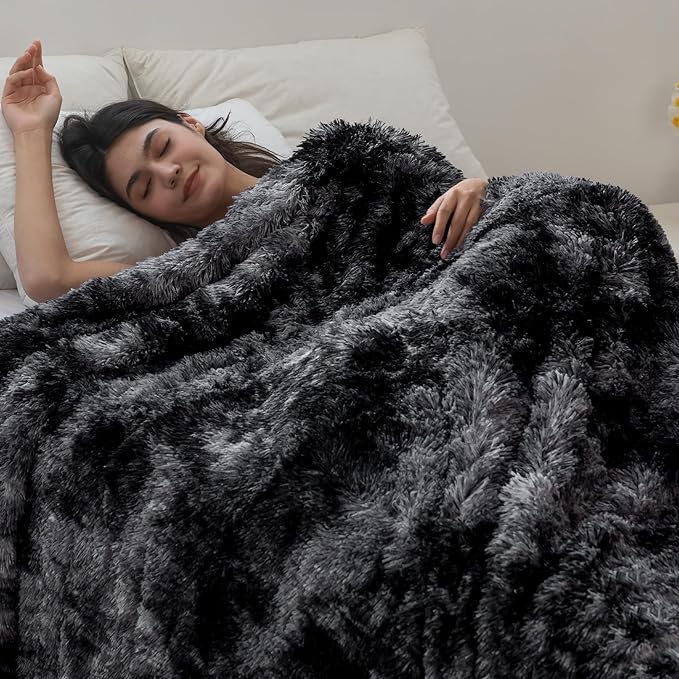 COOVA Ultra Soft Faux Fur Twin Blanket – Fuzzy Fluffy Cozy Microfiber Blankets, Warm Thick Plush Sherpa Fleece Throw Blanket for Couch,Bed,Sofa,Ideal Gift for Women.(Tie Dye Black, 60"x80")