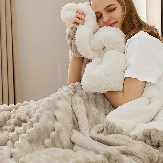Bedsure Sherpa Throw Blanket for Couch - Super Soft, Cozy Fleece Thick Warm Blanket for Winter, GentleSoft Plush & Fluffy Spring Throw Gift for Women, Room Decor, Beige, 50x60 Inches
