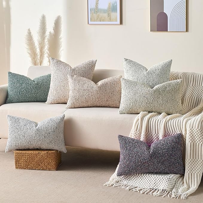 Decorative Couch Throw Pillow Covers 18x18 Set of 2 Cream Gray Striped Soft Wool Pillow Covers Neutral Textured Boho Cushion Covers for Modern Farmhouse Sofa Bedroom Living Room Decor SY012-B18