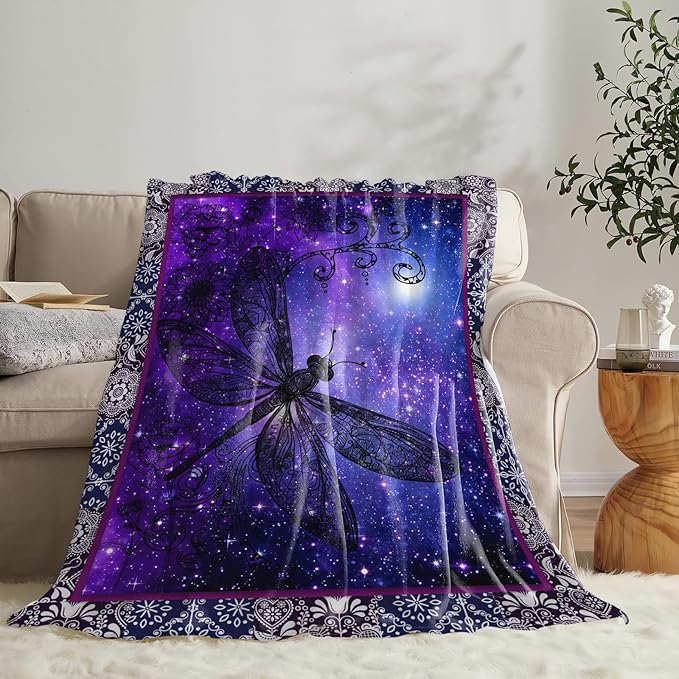 Dragonfly Blanket for Girls Women Boys Men Adults Kids Soft Cozy Fleece Purple Galaxy Starry Dragonfly Throw Blankets Gifts Warm Flannel Plush Lightweight Decor for Couch Bed Sofa 60"X50"