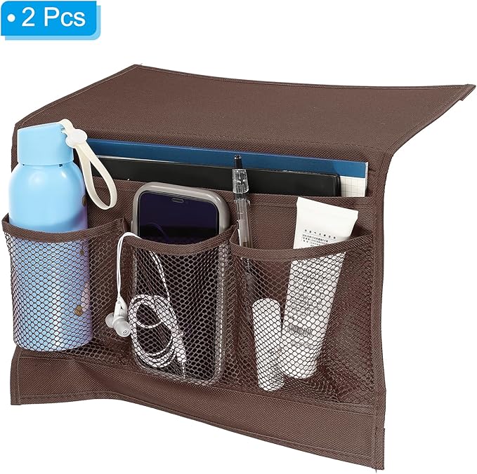 PATIKIL 2pcs Bedside Caddy, Bed Caddy Bedside Organizer Bed Hanging Caddy 4 Pockets Bed Pockets Bedside Storage Hanging Storage Bag for Remote Control Bedroom Phones Glasses, Brown