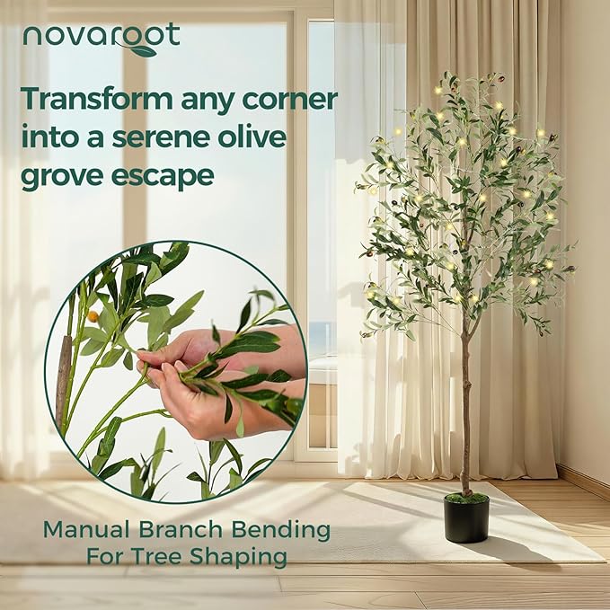 Olive Tree, 6FT Tall Faux Olive Tree with Moss and Planter, Olive Trees Artificial Indoor with Realistic Wood Trunk and Lifelike Fruits, Fake Tree for Home Office Living Room Decor