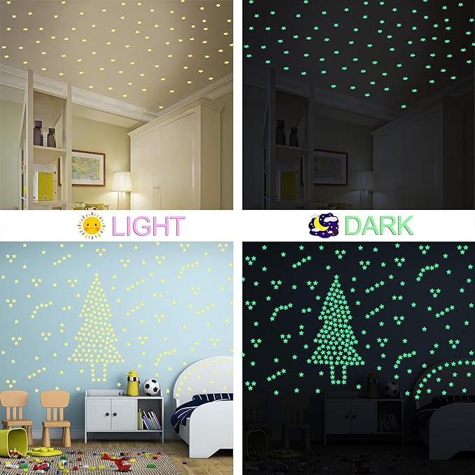 AM AMAONM 100pcs Glow in The Dark Luminous Stars Fluorescent Noctilucent Plastic Wall Stickers Murals Decals for Home Art Decor Nursery Ceiling Wall Decorate Kids Babys Bedroom Room Yellow