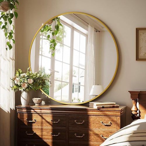 40 Inch Round Mirror - Circle Mirrors for Bathroom, Entryway and Living Room Wall Decor, Modern Hanging Vanity Mirror, Matte Gold Circle Decorative Wall Mirror