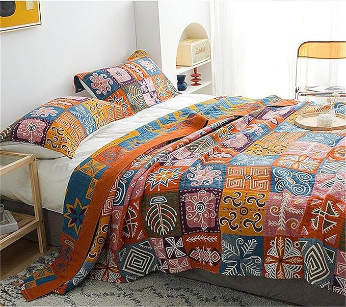 MSGKV Spring Cotton Throw Boho Blanket for Couch Bed, 80''x90'' Muslin Brathable Lightweight Travel Decor Blanket for Bedroom
