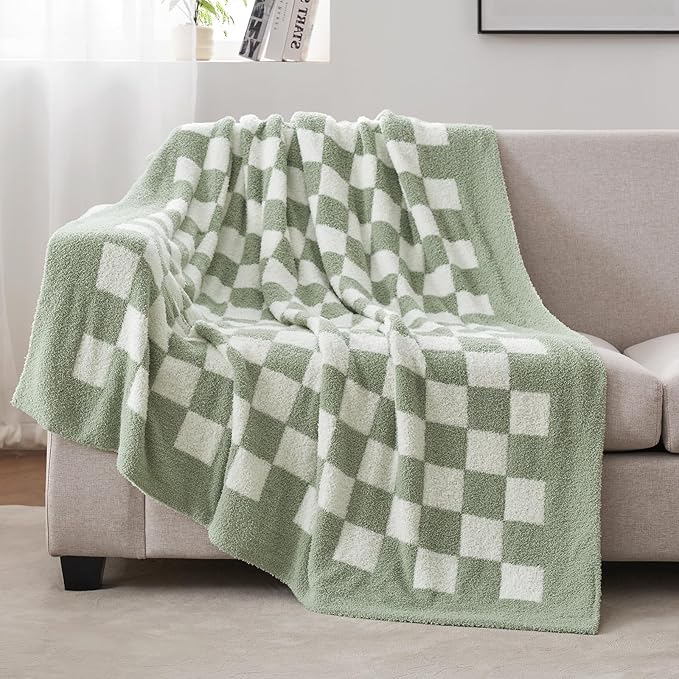 Snuggle Sac Checkered Throw Blanket for Couch, Super Soft, Cozy Warm Knit Blankets, Reversible Plaid Fluffy Throws for Sofa, Bed, Checkered Sage Green, 50x60 Inches
