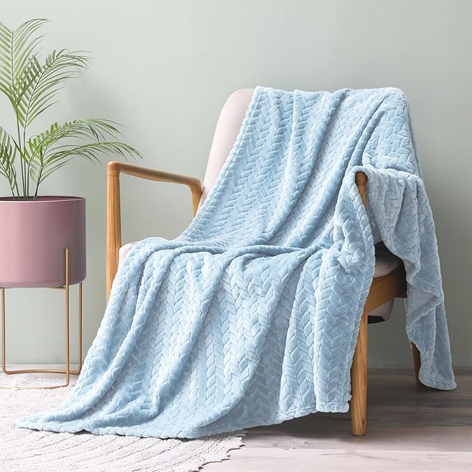Exclusivo Mezcla Fleece Throw Blanket for Couch and Bed, 50x70 Inches Soft Cozy Jacquard Flannel Blankets, Lightweight Fuzzy Plush Warm Throws for Women, Light Blue