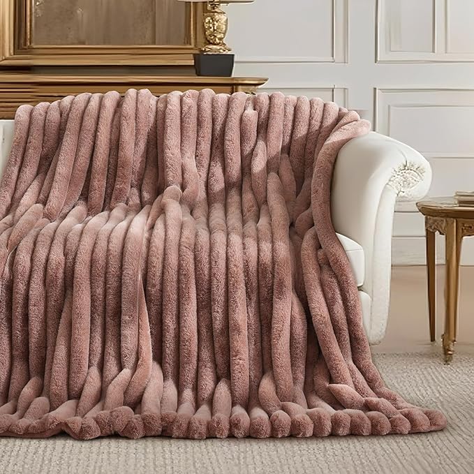 Amélie Home Faux Fur Throw Blanket for Couch, Ultra Cozy Fuzzy Fluffy Fur Luxurious Soft Striped Plush Gift Blankets for Family Sofa Chair Bedroom, 60"x80", Cationic Fox Pink Brown