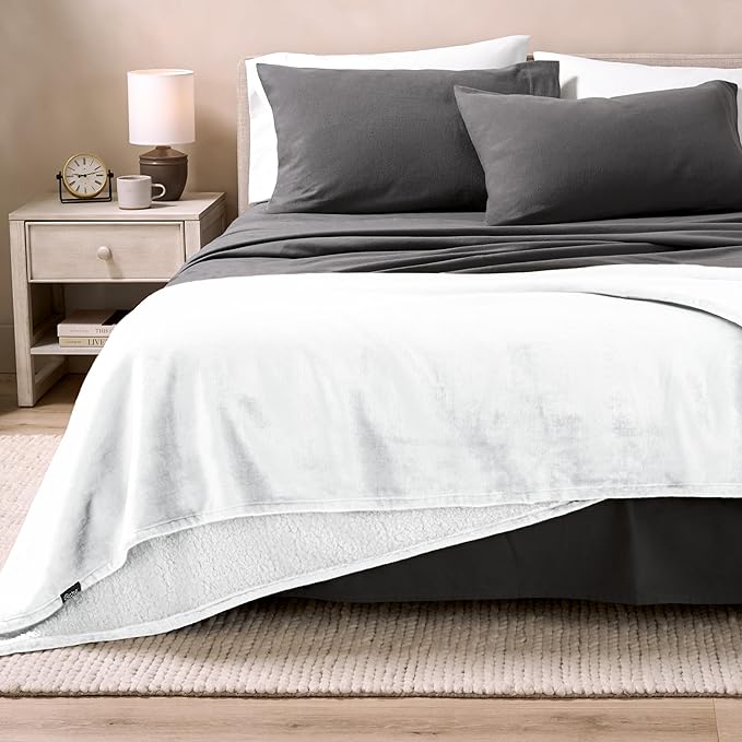 Bare Home Sherpa Fleece Blanket - Throw/Travel Size - Blanket for Bed, Sofa, and Couch - Warm & Lightweight - Fluffy & Soft - Reversible (Throw/Travel, White)
