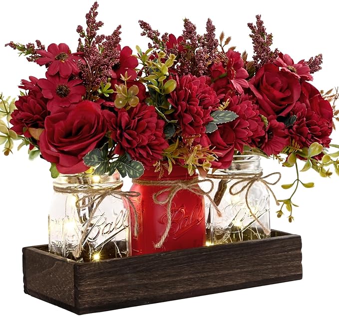 BLEUM CADE Centerpiece Table Decorations - Mason Jar Lights Centerpiece for Kitchen Dining Table Farmhouse Coffee Table Wedding Home Decor with 3 Jars Artificial Flowers & Wood Tray
