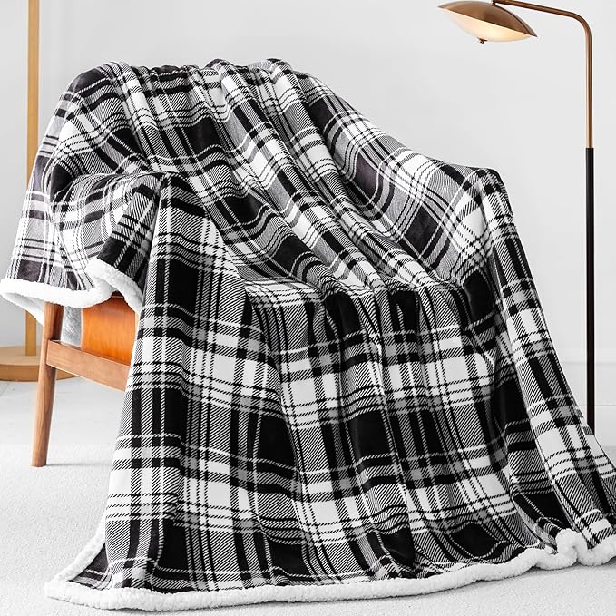 Touchat Sherpa Plaid Throw Blanket,Fleece Flannel Plush Twin Size Microfiber Blanket for Couch Bed Sofa,Fuzzy Fluffy Cozy Soft Blanket(60" X 70", Plaid Black)