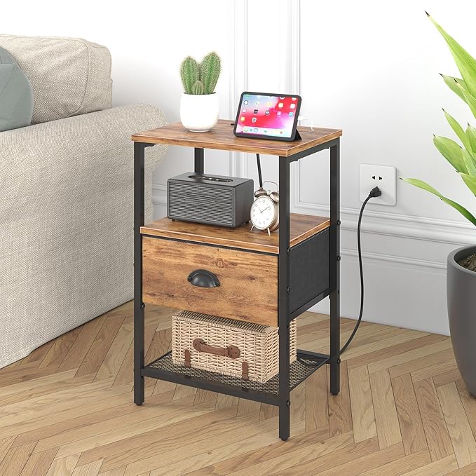 Nightstands Set of 2, Night Stands with Charging Station and Fabric Drawer, Bedside Tables with Drawers, 2- Tier Side Table with Open Shelf, Nightstands with Charging Station,Rustic Brown