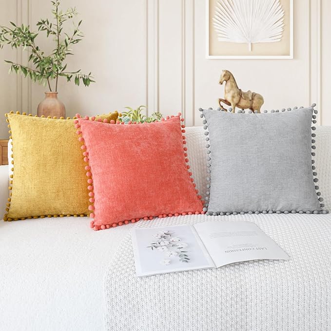 CaliTime Throw Pillow Covers Decorative 18 X 18 Inches Pack of 2 Cozy Solid Dyed Soft Chenille Cushion Cases with Pom Poms for Couch Sofa Bed Living Room Home Moonbeam Gray