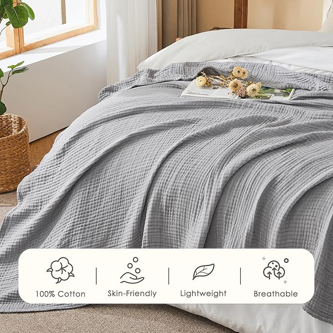 EMME Cotton Muslin Twin XL Blanket Breathable Gauze Soft Lightweight Blankets Adults Gifts for Women (Heather Grey, 66"x90")