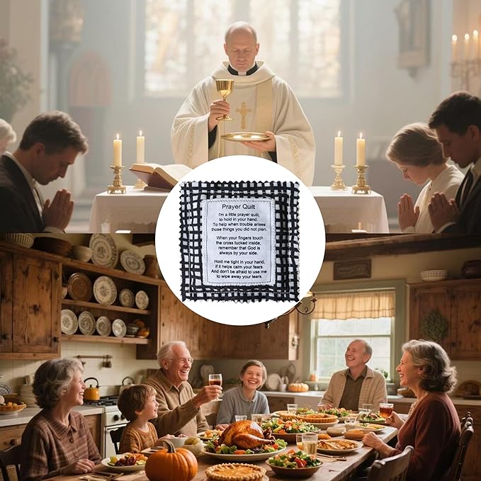 Mini Prayer Quilt with Cross Inside Vintage Pocket Scripture Prayer Quilt Squares Sympathy Christian Gifts for Women Pastor Appreciation Father's Day Graduates Gifts (Black)