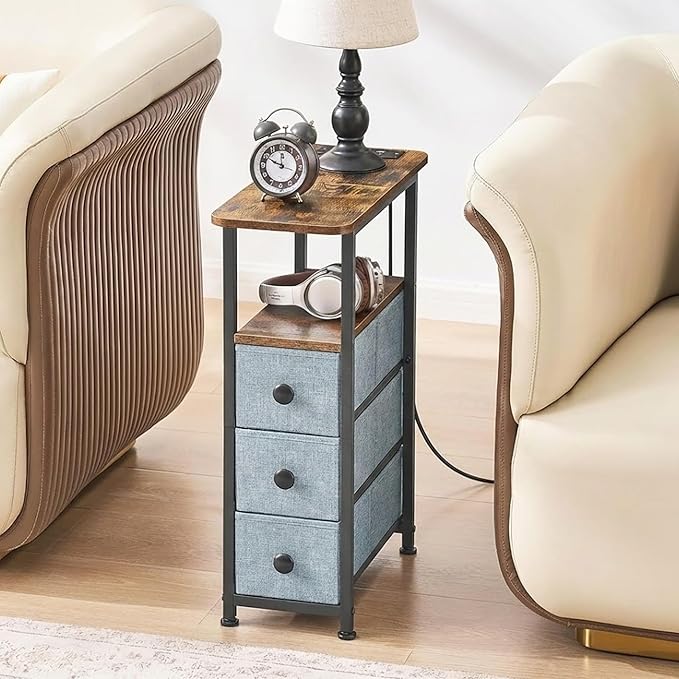 Narrow End Table with Charging Station, Narrow Side Table with Drawer, Small Nightstand with LED Light, Skinny Nightstand, Small Bedside Table for Living Room, Grey