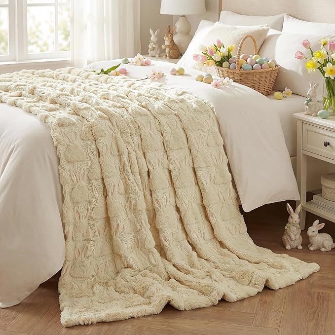 Horaldaily Easter Solid Blanket Throw, Beige Rabbits Head Soft Fuzzy Plush Faux Fur Cozy Blankets for Couch Sofa Bed Lounging, Ideal Gifts for Kids Adults Wife Self, 50x60