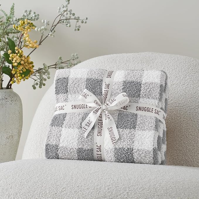 Snuggle Sac Checkered Throw Blanket for Couch, Super Soft, Cozy Warm Knit Decorative Blankets, Reversible Plaid Fluffy Throws for Sofa, Bed, Plaid Grey, 50x60 Inches