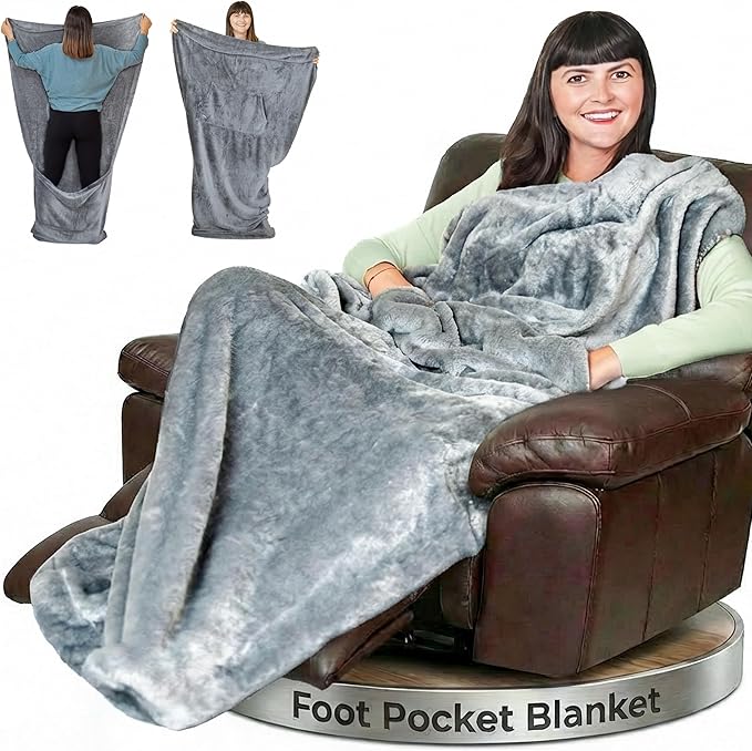 Fleece Lightweight Foot Pocket Blanket -Patent Pending- Gamer Gift for Men Who Have Everything -Father's Day Premium Gifts for Dad Who Wants Nothing and Elderly Dads (Fleece, Silver Grey)