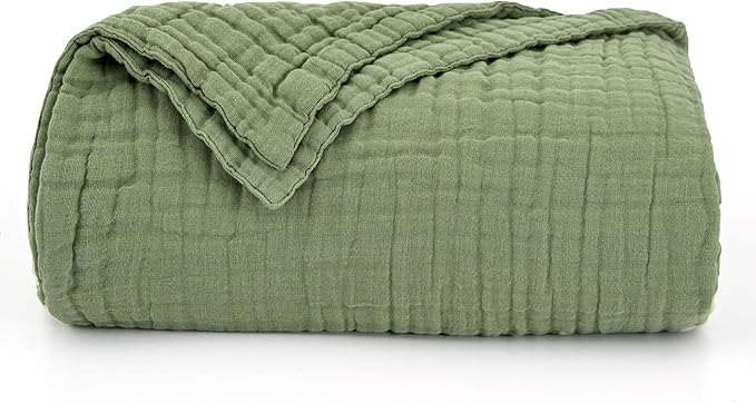 Love's cabin 100% Cotton Muslin Blanket, 6 Layer Lightweight Breathable Gauze King Size Blanket 108 x 90 Inches, Soft Summer Blanket for Bed, Sage Green