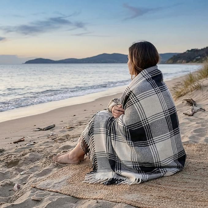 Americanflat 50x60 Throw Blanket - Soft and Breathable Cotton Throw Blanket for Couch, Bed, Chair - Decorative Blankets Perfect for Home, Office, or Outdoor Use - Black and Beige Plaid Design