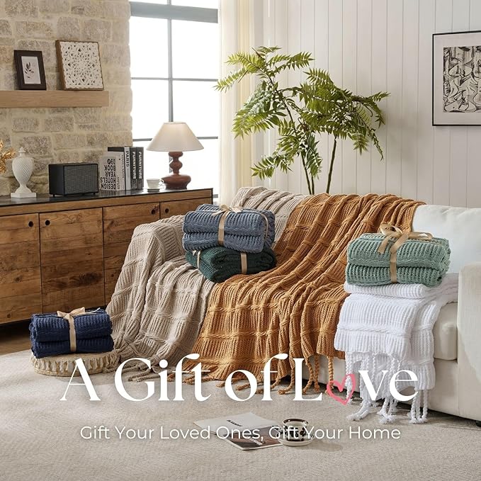 Boho Knitted Chenille Blanket with Tassels - Lightweight & Soft All-Season Throw - 3D Classic Pattern for Living Room Bedroom Couch, Royal Blue, Twin 60"x80"
