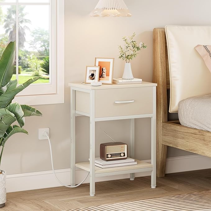 Vagusicc Nightstand with Charging Station, End Table with Fabric Drawer, Small Side Table with 2-Tier Storage Shelves, 25.4" Tall Night Stand, Bedside Table for Bedroom, Living Room, Dorm, Beige