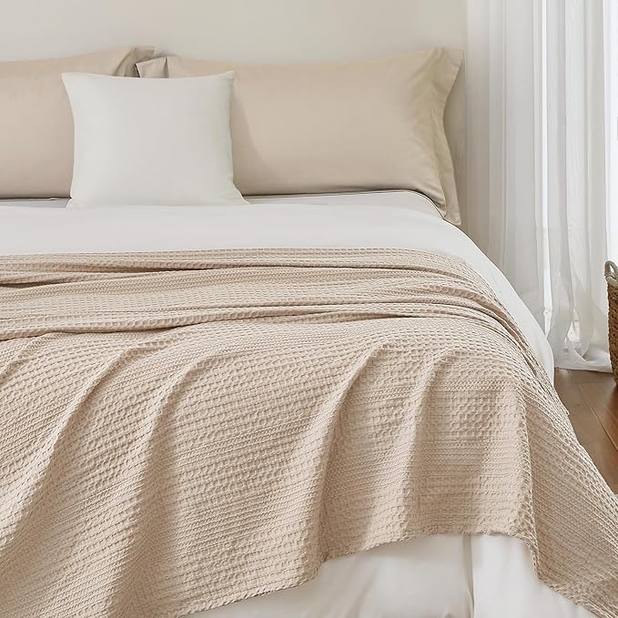 PHF Lightweight Waffle Weave Blanket King Size, Breathable & Ultra Soft, 104"x 90" Soft & Cozy Thin Blanket for All Season & Hot Sleepers, Bed, Home Decor - Light Tan