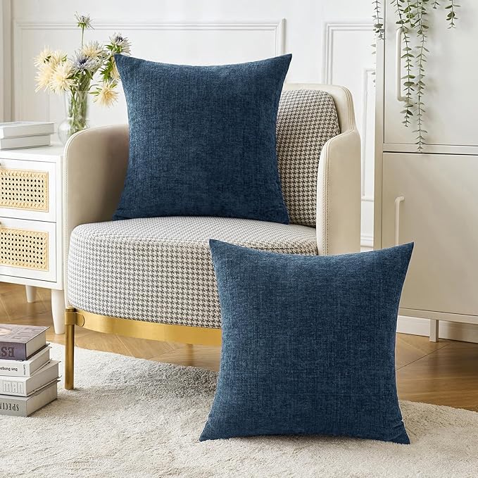 MIULEE Pack of 2 Blue Throw Pillow Covers 20x20 Inch Soft Chenille Pillow Covers for Sofa Living Room Couch Solid Dyed Cases