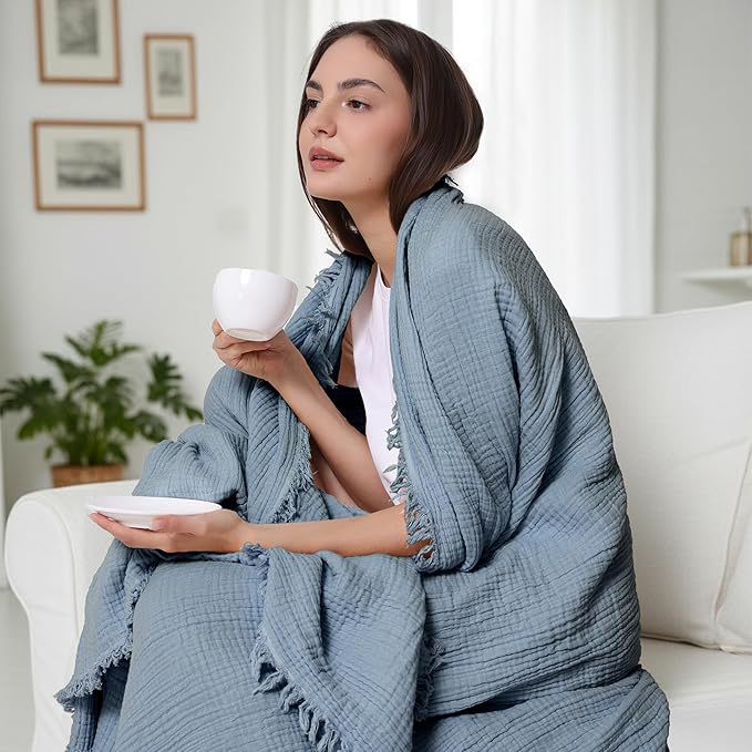 WDCOZY 100% Cotton Muslin Blanket King Size 4-Layer for Bed Breathable Lightweight Soft Large Boho Farmhouse Linen Tassels Ruffle Gauze Blankets All Season for Adults 108x90 Inches Dusty Blue