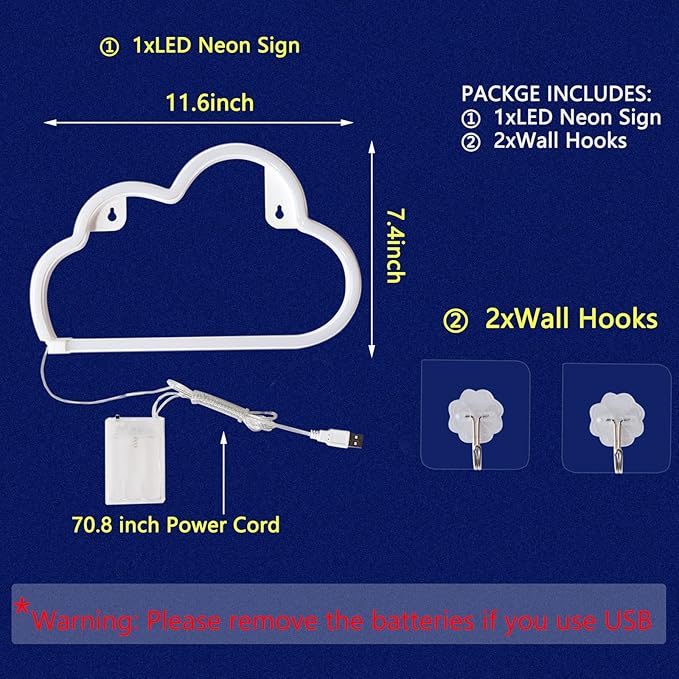 Cloud Neon Sign White Cloud Light Sign for Wall Decor,Battery or USB Powered Clouds Shaped LED Sign Decoration Lights for Bedroom Aesthetic Teen Girl Kid Room Christmas Birthday Wedding Party