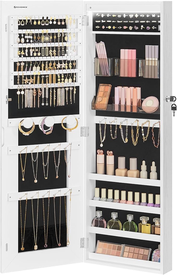 SONGMICS LED Mirror Jewelry Cabinet Armoire, Wall or Door Mounted Jewelry Storage Organizer, Hanging Lockable Frameless Mirror Cabinet with 2 Plastic Cosmetic Organizers, Gift Idea, White UJJC011W01