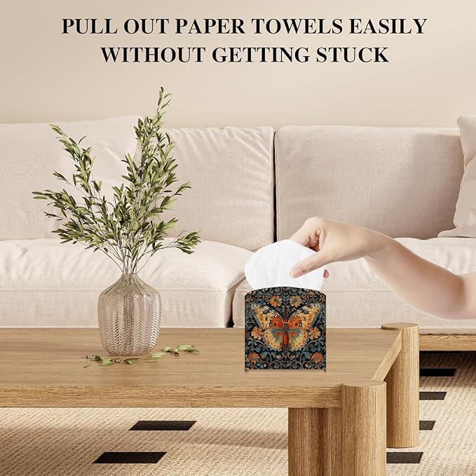Vintage Butterfly Tissue Box Cover, Flora Tissue Holder Square with Bottom Belt for Home Bathroom Office Vanity Countertop, Housewarming Gifts Ideas for Women Friends Mom Bestie -12