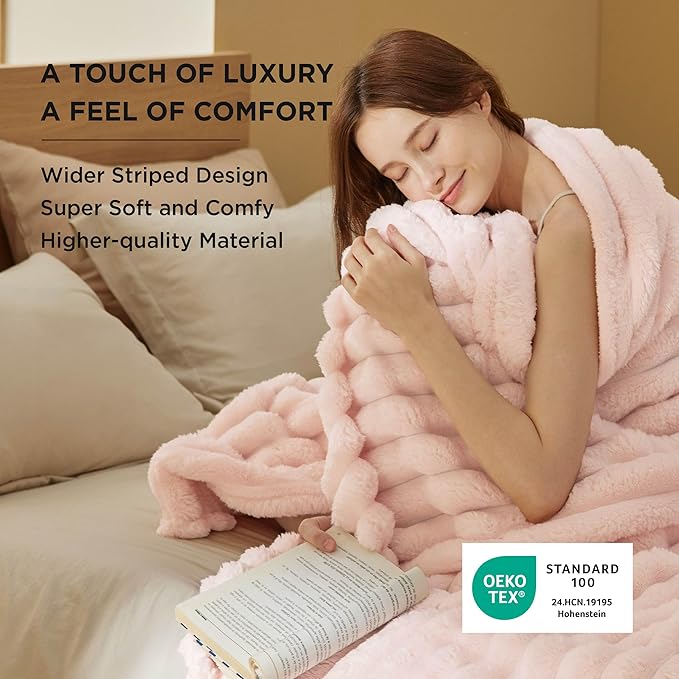 Bedsure Blankets Queen Size for Bed - 350GSM Super GentleSoft Fuzzy Fluffy Cozy Blankets for Women, Cute Large Plush Fleece Throws for Girls, Pink，90x90 Inches, Wider Striped Design