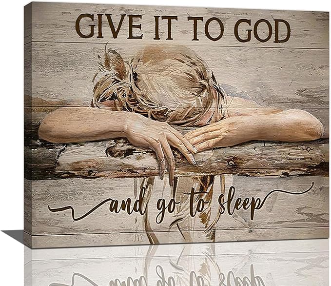 Farmhouse Wall Decor for Bedroom Give It to God and Go to Sleep Sign Pictures Rustic Above Bed Wall Art Christian Girl Sleep Painting Country Bible Verse Canvas Framed Print Artwork 20"x16"