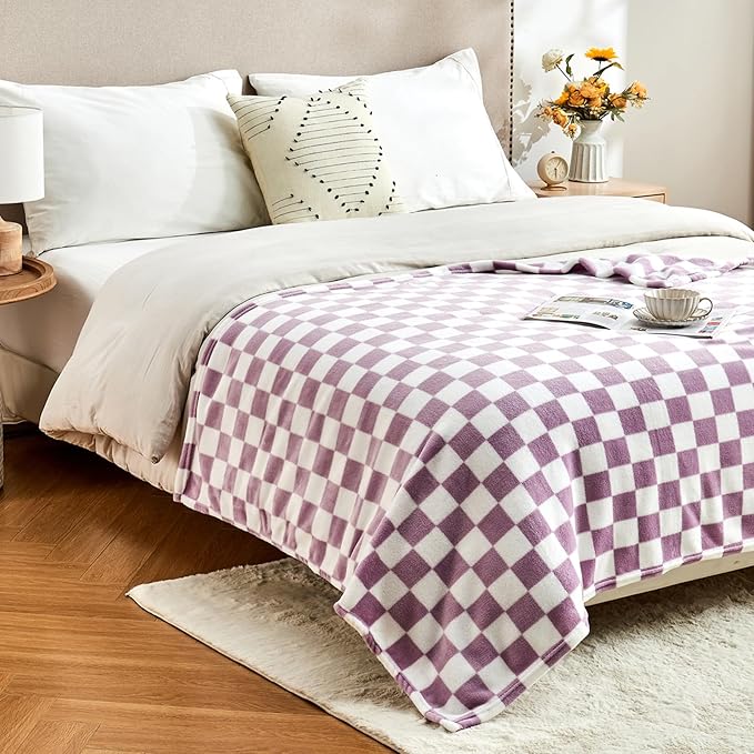 Checkered Blanket Flannel Throw Blankets Soft Cozy Checkered Grid Print Chessboard Gingham Pattern Throws for Bed Sofa Couch for All Seasons, 50x60 Inch, Purple