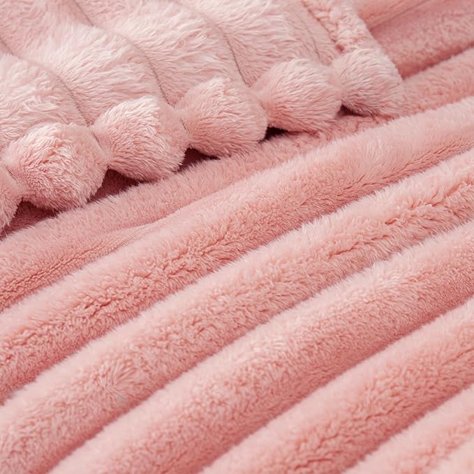 Exclusivo Mezcla Queen Size Flannel Fleece Blanket, Super Soft Striped Jacquard Bed Blanket, Lightweight Fuzzy Cozy for All Seasons, 90x90 Inches, Pink