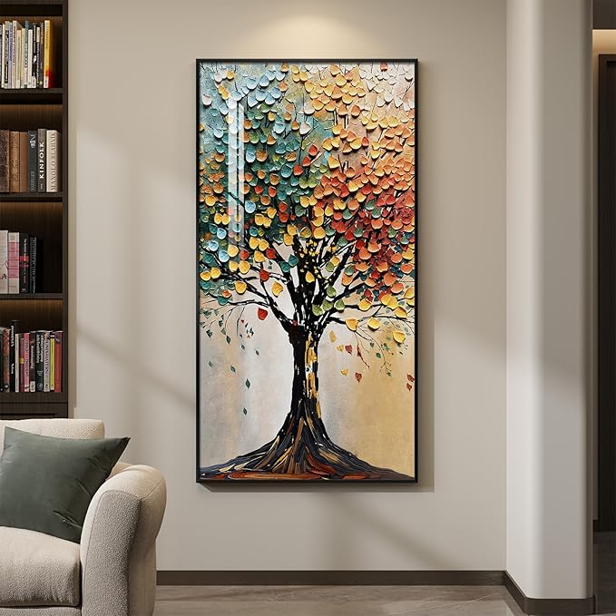 Large Framed Vertical Tree of Life Wall Art for Living Room, Modern Abstract Colorful Tree Painting Prints Artwork for Walls, Contemporary Luxury Pictures for Hallway Entryway Office Wall Decor, 30x60
