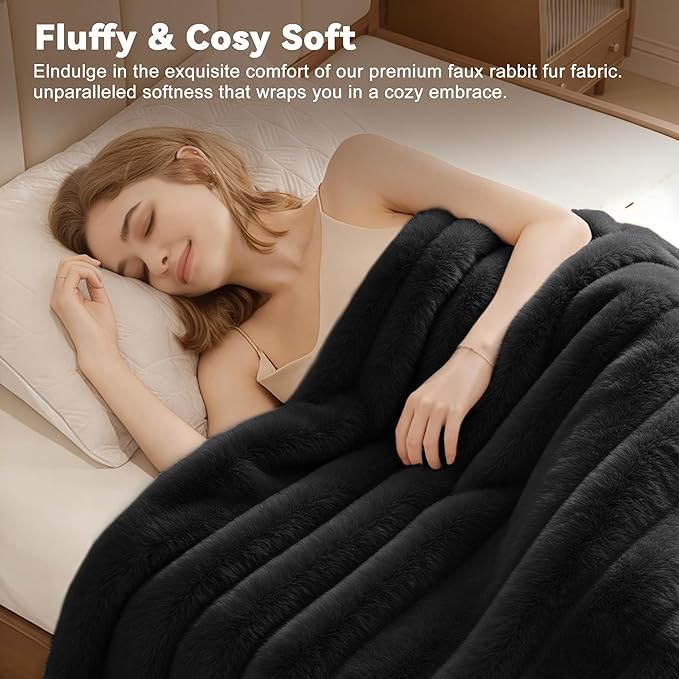 Faux Fur Throw Blanket for Couch, 850GSM Cozy Soft Plush Thick Striped Luxury Blanket for Sofa Living Room Bedroom,50 * 60 Inches, Black
