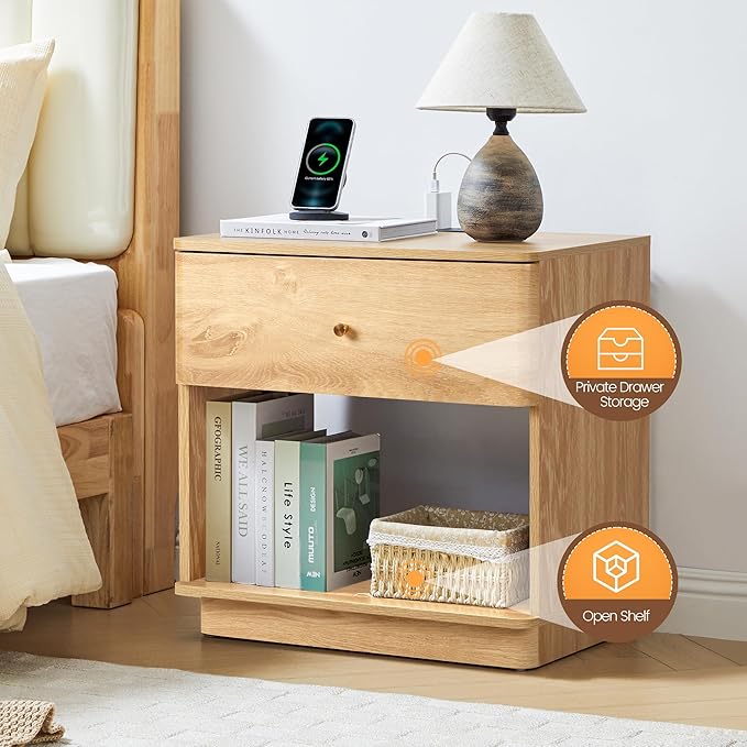 Modern Night Stand with Charging Station for Bedroom, Nightstand Bedside Table with Drawer and Storage Shelf for Bedroom (Natural-Charging Station-1 pc)