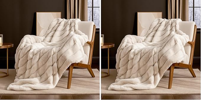 Cozy Bliss Faux Fur Throw Blanket for Couch, Cozy Soft Plush Thick Winter Blanket for Sofa Bedroom Living Room, 50 * 60 Inches Beige (Pack of 2)