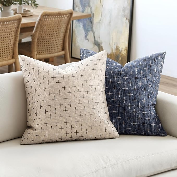 MIULEE Pack of 2 Decorative Burlap Linen Throw Pillow Covers Modern Farmhouse Vintage Pillowcase Rustic Woven Textured Cushion Cover for Sofa Couch Bed 22x22 Inch Blue