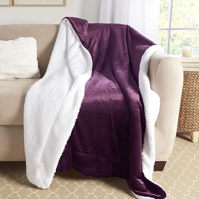 Genteele Sherpa Throw Blanket Super Soft Reversible Ultra Luxurious Plush Blanket, 60 x 70 inches, Rich Purple/White