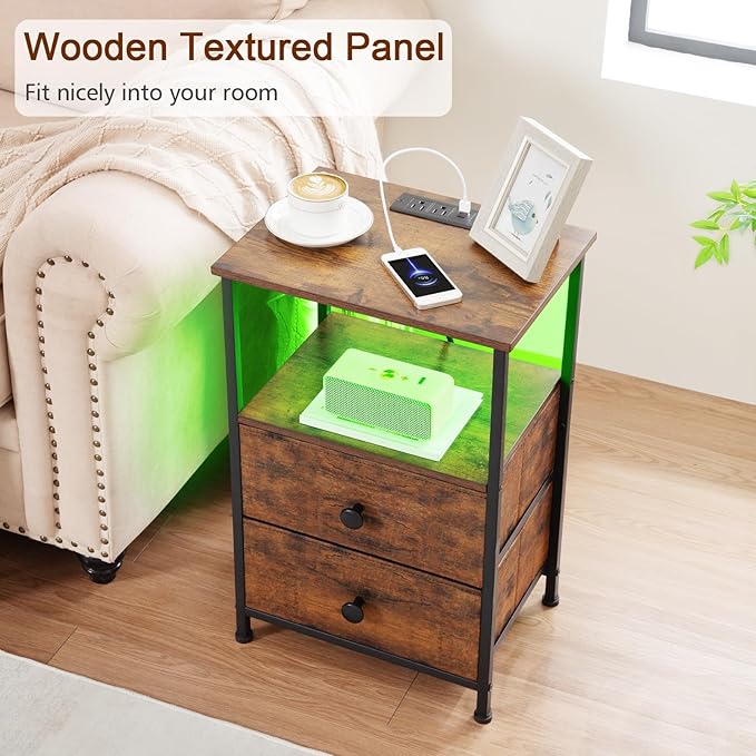 Night Stand Set 2, LED Nightstand with Charging Station, End Tables with Storage Shelf for Small Space, Bedside Table with 2 Fabric Drawers for Bedroom, Brown HETS02PQBR