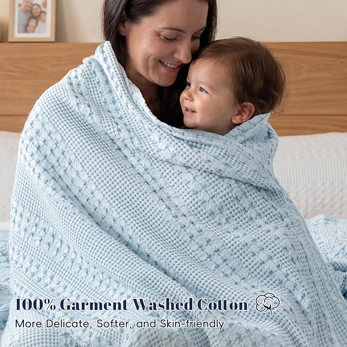 PHF 100% Cotton Waffle Weave Blanket King Size for Bed, Soft Lightweight & Breathable for Spring and Summer, All-Season Comfort, Luxury Aesthetic Blanket for Home Decor, 108"x90", Sky Blue
