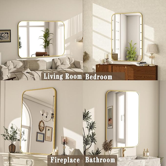 20x28 Inch Bathroom Mirror - Wall Mounted Vanity Mirror with Round Corner Aluminum Alloy Frame, Hanging Horizontally Vertically for Living Room, Bedroom, Hallway as Home Decor, Gold