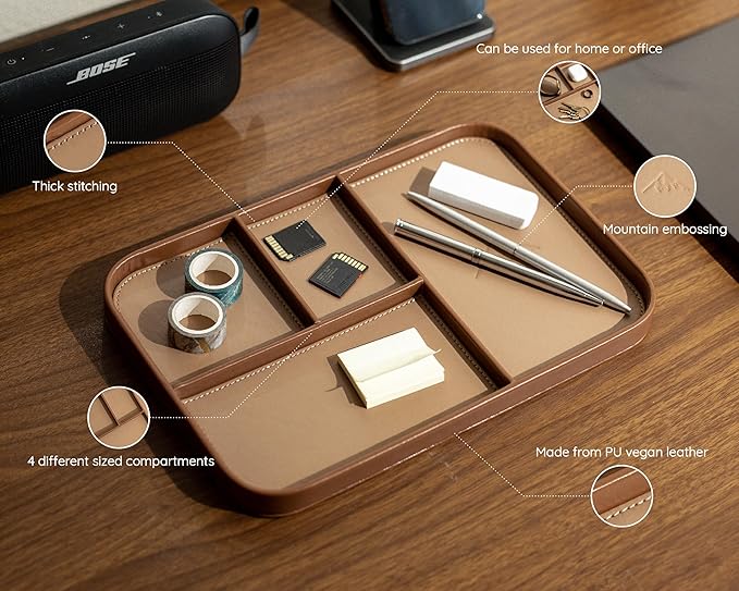 MUUJEE Leather Catchall Multitray (Design 1) - 11.65 x 7.75 x 0.8, Everyday Watch and Wallet Caddy Organizer with 4 Compartments, Accessory Glasses Phone Valet Dump Tray for Bedside Nightstand, Tan