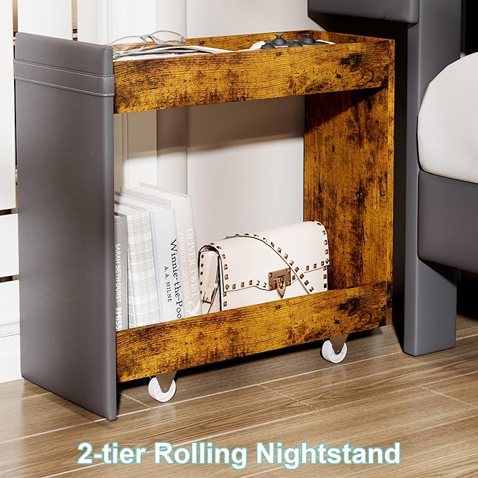 Queen Bed Frame with Headboard and Wheeled Nightstand, PU Leather Upholstered Platform Bed with LED&Charging Station for Bedroom, No Box Spring Needed, Noise Free, Suit for Couple/Single, Grey