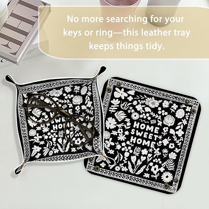 House Warming Gifts Leather Jewelry Valet Tray, New House Gifts, Home Sweet Home PU Leather Catchall Beside Caddy Nightstand Organizer Tray for Jewelry Rings Watches Keys, 7.8x7.8inch
